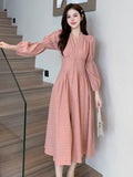 Vvsha  party look inspos Vintage Long Sleeve Dresses Autumn New French Elegant V Neck Single Breasted Women Fairy Dress Solid High Waist Ladies Robe New