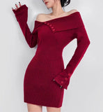 Vvsha Christmas Gift Outfit womens outfit inspiration Sexy offShoulder Lapel Knitted Dress Autumn and Winter Women's Sweater Slim Hip Skirt