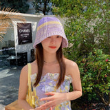 Vvsha Christmas Gift Outfit Women Knitted Lattice Fisherman Hat Handmade Crochet Color Matching Basin Hat Spring and Autumn Knitted Sunscreen Sun Hat