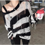 Vvsha Christmas Gift Outfit Thanksgiving Day Gifts Women Drunge Style O Neck Thin Hollow Out Sweaters Striped Loose Harajuku Korean Gothic Fashion Sweater Casual Knitted Top Goth