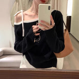 Vvsha Christmas Gift Outfit men¡¯s outfits Contrast Color offtheShoulder offShoulder Sweater Sweater for Women 2024 Early Autumn Slim Fit Slimming Long Sleeve Hot Girl Chic Top