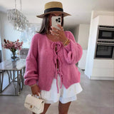 Vvsha Christmas Gift Outfit outfit ideas for school round Neck Laceup Knitted Cardigan Coat 2024 Autumn and Winter New Pure Color Commuter Simple Sweater for Women