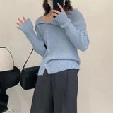 Vvsha Christmas Gift Outfit womens outfit inspiration Women's KoreanStyle Irregular Lapel offShoulder LongSleeved Sweater SlimFit Fashionable Knitted Cardigan Top