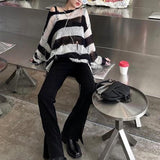 Vvsha Christmas Gift Outfit Thanksgiving Day Gifts Women Drunge Style O Neck Thin Hollow Out Sweaters Striped Loose Harajuku Korean Gothic Fashion Sweater Casual Knitted Top Goth