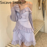 Vvsha  party look inspos Vintage Y2k Mini Dress Women Long Sleeve Purple Lolita Strap Dress Ruffles One Piece Dress Korean Kawaii Clothing 2021 Autumn