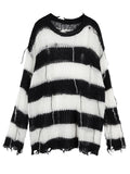 Vvsha Christmas Gift Outfit Thanksgiving Day Gifts Women Drunge Style O Neck Thin Hollow Out Sweaters Striped Loose Harajuku Korean Gothic Fashion Sweater Casual Knitted Top Goth