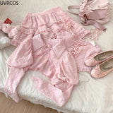 Vvsha  party look inspos Autumn Kawaii Lolita Style Pink Skirt Sets Women Sweet Lace Bandage Tank Top Cute Mini Cake Skirt Chic Jacquard Relief Rose Suit