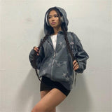 Vvsha Christmas Gift outfit  Women Vintage Star Print Hoodies Fashion Casual Zip Up Long Sleeve Loose Jacket Coats Harajuku Hooded Sweatshirts Y2k Streetwear