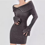 Vvsha Christmas Gift Outfit womens outfit inspiration Sexy offShoulder Lapel Knitted Dress Autumn and Winter Women's Sweater Slim Hip Skirt