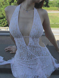 Vvsha White Vintage Cutout Lace Plunge Neck Halter Irregular Hem Mini Dress