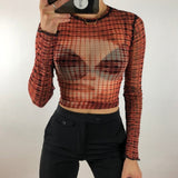 Vvsha Christmas Gift Outfit Back To School Graphic Print Green Mesh Sheer TShirt Long Flare Sleeve Slim Crop Tops Sexy See Trough Women Tops Y2K Vintage Grunge