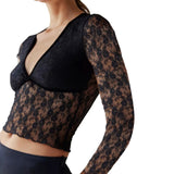 Vvsha Christmas Gift Outfit Women Sexy Long Sleeve Lace Crop Tops V Neck Mesh See Through Slim Fit T Shirts Blouse Clubwear