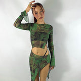 Vvsha Christmas Gift Outfit Back To School Graphic Print Green Mesh Sheer TShirt Long Flare Sleeve Slim Crop Tops Sexy See Trough Women Tops Y2K Vintage Grunge