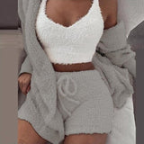 Vvsha Christmas Gift outfit  Autumn Velvet Three Piece Suit Outfits Sexy Women White Matching Set Crop Top And Shorts Lounge Home Wear Pijama Oversize Winter