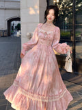 Vvsha  party look inspos Elegant Sweet Pink Print Midi Dresses for Women Flower Square Collar Lantern Sleeve Lace Patchwork Long Dress Autumn Party Robe