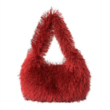 Vvsha Fuzzy Soft Plush Neon Red Fluffy Hobo Bag For Girls Women College Students Candy Color Cute And Fashionable Small Square Bag