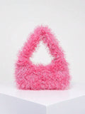 Vvsha Fuzzy Soft Plush Neon Red Fluffy Hobo Bag For Girls Women College Students Candy Color Cute And Fashionable Small Square Bag