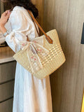 Vvsha Floral Bow Woven Straw Tote Bag