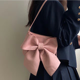 Retro Bowknot Women's Underarm Bag Solid Color Ladies Small Tote Shoulder Bags Female Cute Armpit Bag Cool Girls Pink Handbags