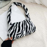 Vvsha Fashion Women Cow Print Mini Shoulder Bags Female Winter Plush Underarm Bags Leopard Zebra Pattern Fluffy Tote Bags Small Purses