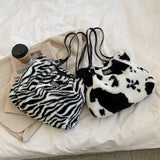 Vvsha Vintage Plush Printing Women Large Capacity Shoulder Bags Fashion Zebra Cow Pattern Female Autumn Winter Casual Shoulder Handbag