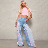 2000s fashion Hot Girl Jeans Women's Autumn New Mid-Waist Wide-Leg Pants Bow Decoration All-Matching Trousers