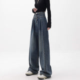 90s streetwear American Retro Washed High Waist Loose Wide Leg Jeans Women's Autumn and Winter New Pleated Slimming Mop Pants Ins