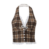 dti outfits INS Women's Clothing 2024 Summer New Fashion Sexy French Sweet Retro Plaid Halter Vest Top