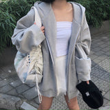 comfy school outfits Gray Hooded Sweater Women's New Loose Fleece-lined Casual Sports Jacket Autumn and Winter Long Sleeve Zipper Cardigan Top