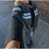 Vvsha fall outfits women Striped Leather Jacket Coat 2024 Fashionable Women's Autumn and Winter Zipper Long Sleeve Coat