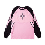 90s streetwear American Street Tide Contrast Color Stitching Beaded Cross Star Printed round Neck Long Sleeve T-shirt Men and Women Loose Casual Tee