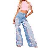 2000s fashion Hot Girl Jeans Women's Autumn New Mid-Waist Wide-Leg Pants Bow Decoration All-Matching Trousers