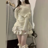 college outfits aesthetic off-Shoulder Bow Knitted Top 2024 Early Autumn New Design Sense Small Inner Bottoming Sweater for Women