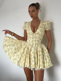 Vvsha Lemon Bloom V-Neck Mini Dress