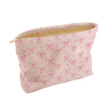 Vvsha Minimally designed pink bow pattern printed corduroy zipper makeup bag, lightweight and multifunctional cosmetic storage bag