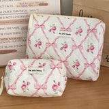 Vvsha Cute Bow Flower Quilting Cotton Makeup Bag Women Zipper Cosmetic Organizer Female Cloth Handbag Portable Toiletry Case for Girls