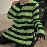 Vvsha New Goth Punk Gothic Sweater Oversized Pullovers Women Striped Cool Hollow Out Hole Broken Jumper Harajuku Aesthetics Sweater