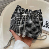 Vvsha Bright Rhinestone Shoulder Bag Women Chains Crossbody Bag Drawstring Bucket Handbag Luxury Lady Armpit Handbag Daily Totes