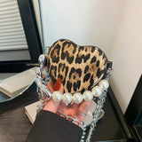 Vvsha Christmas Gift 2024 New Lipstick Pouch Coin Purse Cute Heart Bag For Women Leopard Pattern Super Mini Crossbody Bag Vintage Pearl Chain Handbag