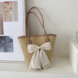 Vvsha Casual Straw Woven Handbags Women Summer Holiday Beach Bow Totes Top-Handle Bags Fashion Ladies Undearm Shoulder Bags