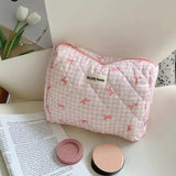 Vvsha New Cartoon Bow Knot Tote Makeup Zipper Bag Women Large Capacity Quilting Pouch Washbag Cute Portable Cosmetic Storage Bag