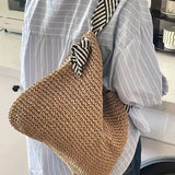 Vvsha Straw Woven Straw Beach Bag Fashion Large Capacity Knot Shoulder Straps Single Shoulder Bag Tote Bag Travel