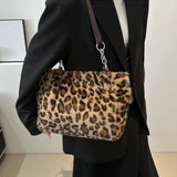 Vvsha National Style Simple Women Leopard Tote Bag Lady Luxury Fluffy Shoulder Bag Chain Large Capacity Commuter Handle Bag