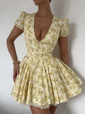 Vvsha Lemon Bloom V-Neck Mini Dress