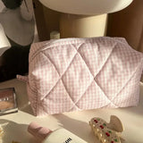 Vvsha Fashion Checkered Floral Makeup Bag Large Capacity Portable Cosmetic Storage Bag Cotton Quilted Wash Bag Skincare Pouch