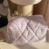 Vvsha Fashion Checkered Floral Makeup Bag Large Capacity Portable Cosmetic Storage Bag Cotton Quilted Wash Bag Skincare Pouch