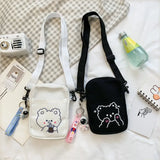 New Cute Bear Canvas Crossbody Bags Women Fashion Casual Shoulder Bags Ladies Cartoon Cell Phone Zipper Purse Mini Messenger Bag