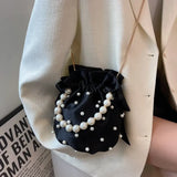 Vvsha Brand Shoulder Bags For Women High Quality Luxury Ladies Handbag Black Bead Pearl Imitation Silk Female Bucket Crossbody Bag