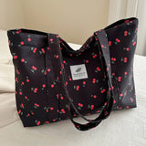 Vvsha Cute Cherry Strawberry Print Casual Tote Bag Large Capacity Shopping Bag Nylon Aesthetic Handbag Grocery Bag for Women