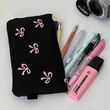 Vvsha 1PC  Black Canvas Pen Bags Girl Heart Embroidered Bow Pencil Case Stationery Bag Cosmetics Storage Bag Pencil Case